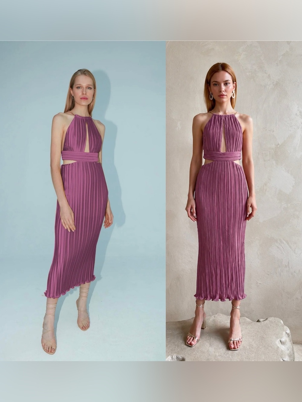 NWT AiiFOS Valerie Halter Neck  Pleated Cut Out Gold Chain Strap Dress Sz Medium